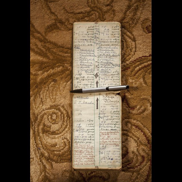 <i>Notebook of the Sanga chief Mpala Swanage’s father, containing the list of names of all his predecessors. Fungurume, 2014 </i><br>
Inkjet print on Epson baryta Photo Rag 315g<br>
120 x 80 cm / 47 1/4” x 31 1/2”<br>
Edition: 5 + 2 AP