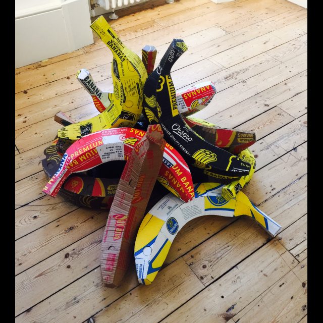 Archivally treated banana boxes, fishing line, polyurethane foam, glue<br>
Dimensions variable<br>
Installation: American Academy, Rome