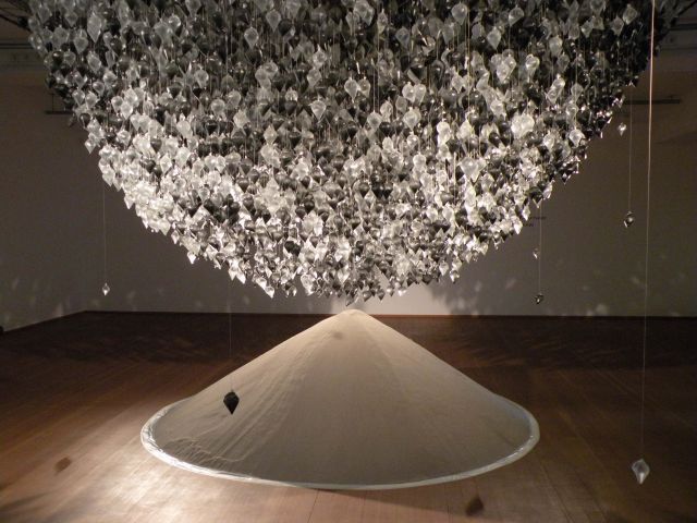 Water, carbon, cellophane, fishing line, sand<br>
Dimensions variable<br>
Installation: Ursula Bickle Foundation, Germany