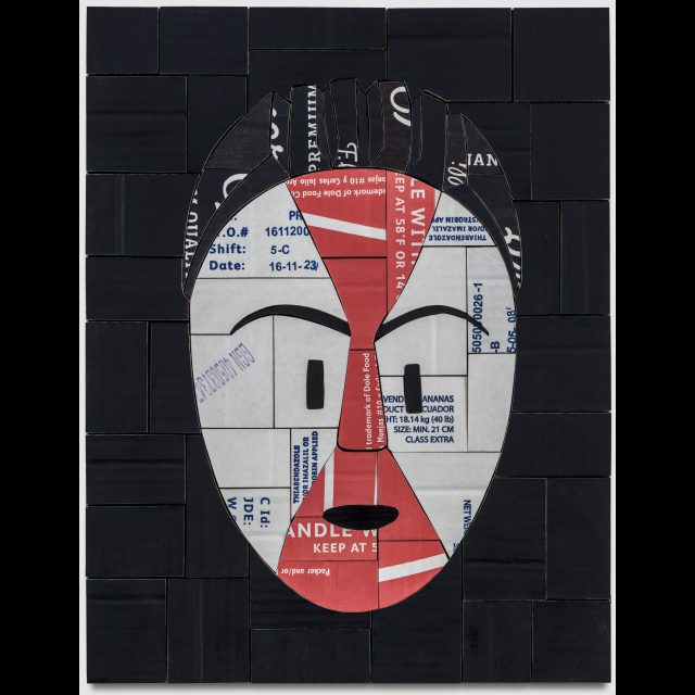 Mixed media collage on linen<br>
19 1/4” x 15” / 49 x 38 cm