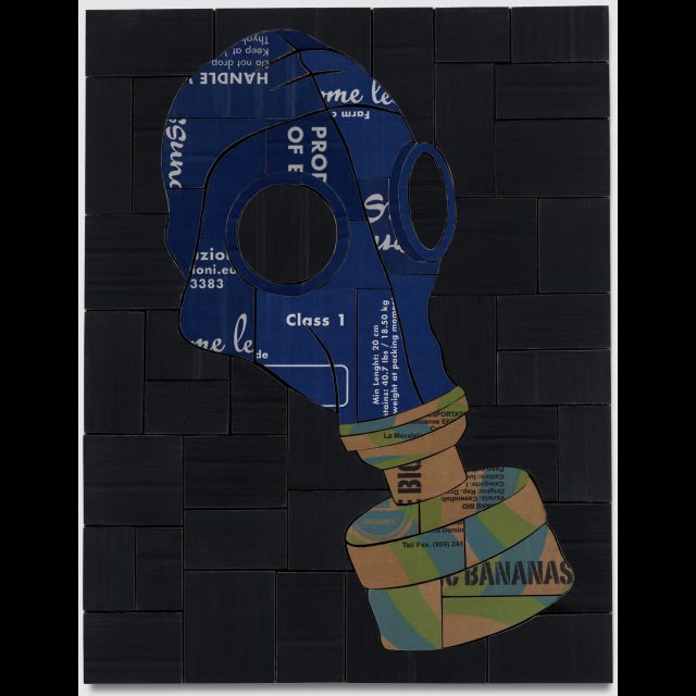Mixed media collage on linen<br>
19 1/4” x 15” / 49 x 38 cm