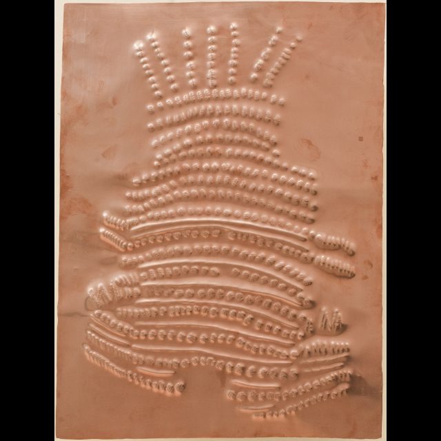 Sociétés secréts, 2015 (installation detail)<br>
Scarification on bas-relief copper plate, each 29.7 x 42 cm<br>
Fabrication: Dinanderie/Zouak, Morocco