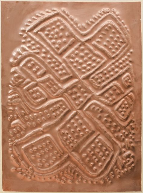 Sociétés secréts, 2015 (installation detail)<br>
Scarification on bas-relief copper plate, each 29.7 x 42 cm<br>
Fabrication: Dinanderie/Zouak, Morocco