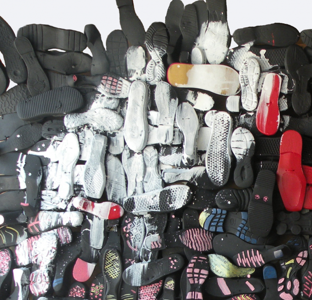 Shoe soles, paint, wire<br>
6’ x 11’