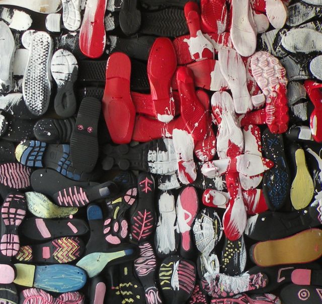 Shoe soles, paint, wire<br>
6’ x 11’