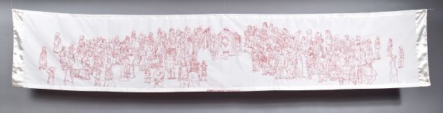 Series: Sarah Baartman Redressed,<br>
Cotton cloth, cotton thread, lace, satin ribbon<br>
16” x 84”