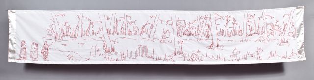 Series: Sarah Baartman Redressed,<br>
Cotton cloth, cotton thread, lace, satin ribbon<br>
16” x 84”