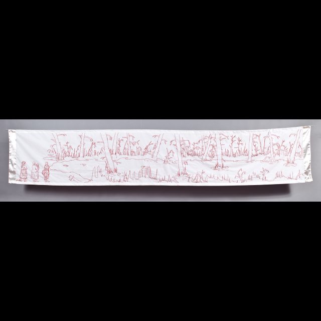 Series: Sarah Baartman Redressed,<br>
Cotton cloth, cotton thread, lace, satin ribbon<br>
16” x 84”