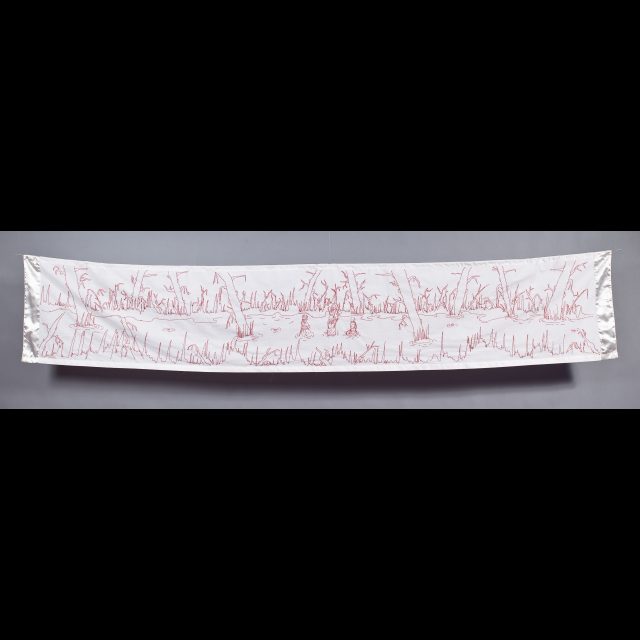 Series: Sarah Baartman Redressed,<br>
Cotton cloth, cotton thread, lace, satin ribbon<br>
16” x 84”