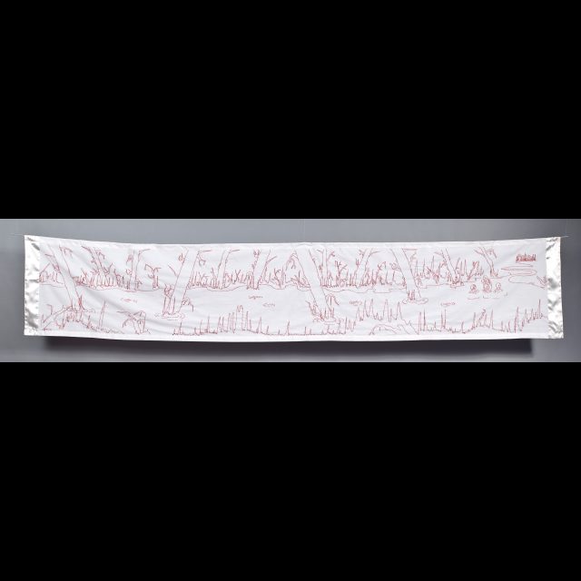 Series: Sarah Baartman Redressed,<br>
Cotton cloth, cotton thread, lace, satin ribbon<br>
16” x 84”