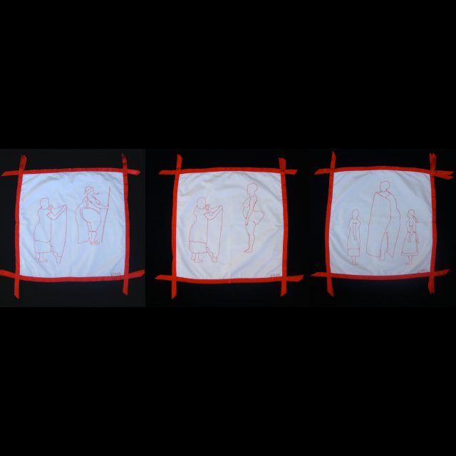 Series: Sarah Baartman Redressed
Shielding Sarah From The Cold 1-3, 2009
Triptych
Cotton cloth, cotton and wool thread, satin ribbon
22” x 21” each