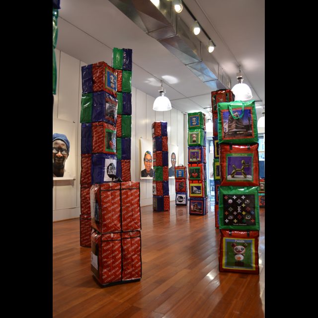 <br>mixed media columns, dimensions variable