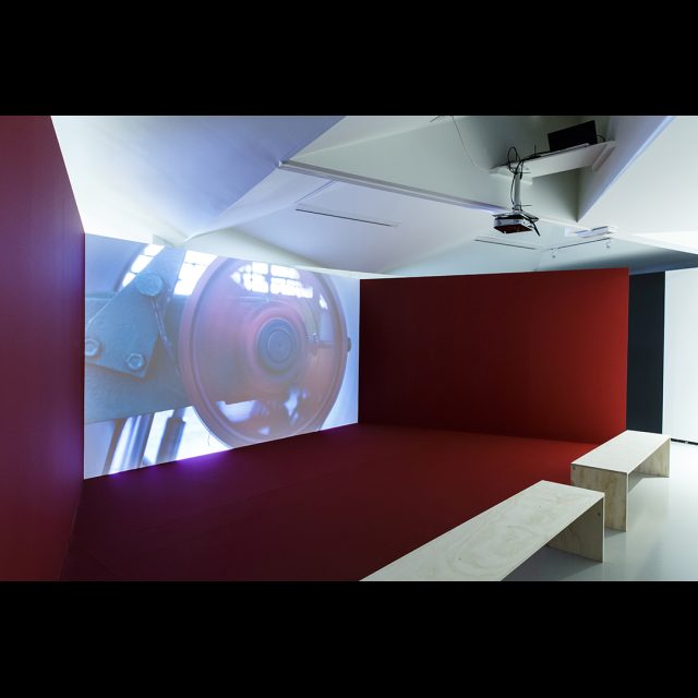 Installation view: Tales of the Copper Cross Garden: Episode 1, 2017 in cinema space<br>
Installation at Framer Framed, Amsterdam. © Eva Broekema