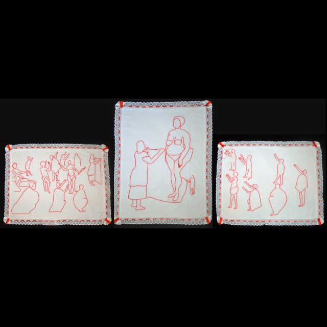 Series: Sarah Baartman Redressed<br>
Triptych<br>
Cotton cloth, cotton & wool thread, lace, satin ribbon<br>
38" x 29 1/2" center panel, 28 ¾” x 37” each side panel