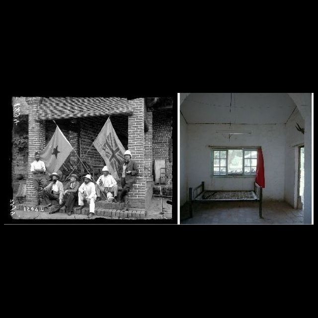 Lukafu, 1899. The Lukafu Station. A group of Europeans. François Michel. <br>
Lukafu, 2010. The bed in which Prince Albert slept when he stopped in Lukafu. Sammy Baloji<br>
left: 80 x 105 cm; right: 80 x 80 cm<br>
Archival digital photograph on Hahnemühle Paper<br>
Edition: 5 + 1 AP