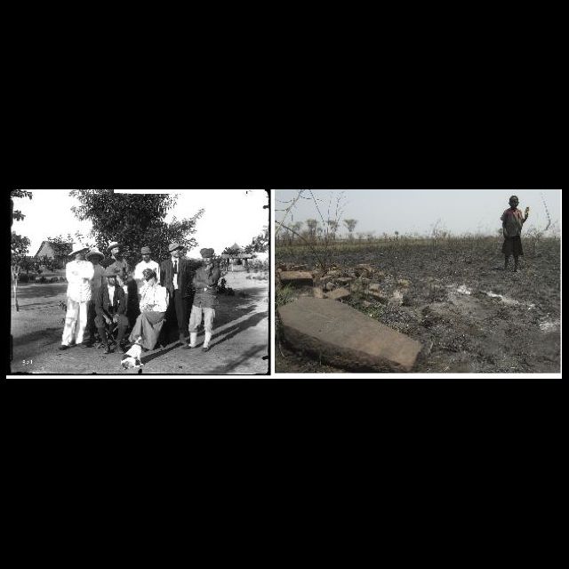 Lofoï, 1898. Group of Europeans in Lofoï. François Michel. <br>
Lofoï, 2010. Flore Cerckel's tomb, desecrated in the search for ore. Sammy Baloji <br>
left: 80 x 110 cm; right: 80 x 120 cm<br>
Archival digital photograph on Hahnemühle Paper<br>
Edition: 5 + 1 AP