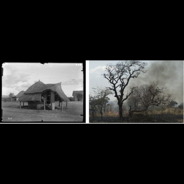 Lofoï, 1898. A shelter in Lofoï. François Michel. <br>
Lofoï, 2010 Remains of the first station, 'Bon Gain' or 'Good Profit". Sammy Baloji<br>
left: 80 x 109 cm; right: 80 x 120 cm<br>
Archival digital photograph on Hahnemühle Paper<br>
Edition: 5 + 1 AP