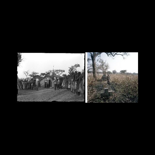 Fungurume, 1899. The Scientific mission pays homage at the tomb of late Lt. Fromont. François Michel.<br>
Fungurume, 2010. The Msiri concession, Lt. Fromont's tomb. In this image: Aloïs Mudjimba, a local resident. Sammy Baloji<br>
left: 80 x 109 cm; right: 80 x 80 cm<br>
Archival digital photograph on Hahnemühle Paper<br>
Edition: 5 + 1 AP