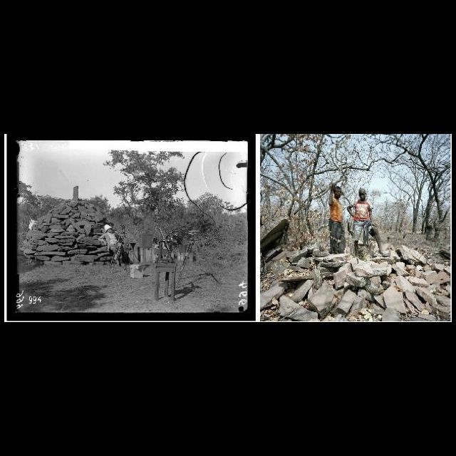 Kyubo, 1898. Geodetic marker at the Kyubo Falls. François Michel.<br>
Lupiri Lua Baluba, 2010. Remnants of a geodetic marker. In this image: Mwenze Augustin, (chief Mpanga's grandson) and Seya Faustin. Sammy Baloji<br>
left: 80 x 105 cm; right: 80 x 80 cm<br>
Archival digital photograph on Hahnemühle Paper<br>
Edition: 5 + 1 AP