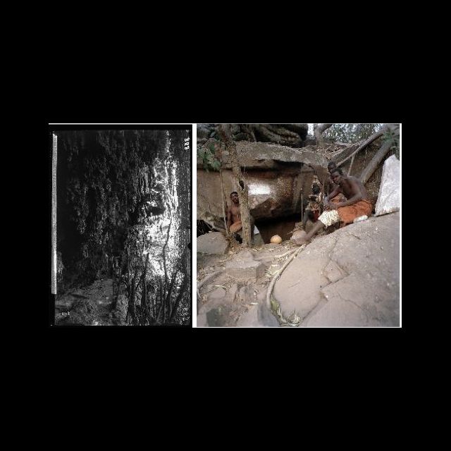 Kyubo, 1898. View of the Kyubo Caves. François Michel. Kyubo, 2010. <br>
Kyubo Caves. The site where the village sourcerer and his disciples perform their incantations. Sammy Baloji<br>
left: 80 x 109 cm; right: 80 x 80 cm<br>
Archival digital photograph on Hahnemühle Paper<br>
Edition: 5 + 1 AP