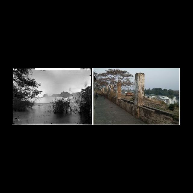 Kyubo, 1898. Kyubo Falls. François Michel. <br>
Kyubo Falls, 2010. The remains of the old Lemaire hotel built during the colonial period. The national parks guards live here now. Sammy Baloji<br>
left: 80 x 111 cm; right: 80 x 120 cm<br>
Archival digital photograph on Hahnemühle Paper<br>
Edition: 5 + 1 AP