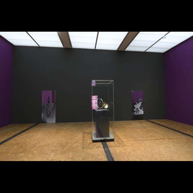 Installation view. <i> Hunting horn with scarifications by the coppersmith Guido Clabots, Dinant, Belgium, </i> copper. <br> Mirror works with <i> photo of Hans Himmelheber and X-ray tomography of a power figure acquired by him</i>, 2019. <br> Commissioned by the Rietberg Museum, Zurich for the exhibition <i>Congo as Fiction</i>.<br> photo: Rainer Wolfsberger