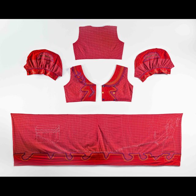 Series: Theodorah Comes to Johannesburg, 2007,<br>
Used cotton dress, deconstructed, with appliqué and needlepoint,<br>
Dimensions variable, approx. 50" x 84"