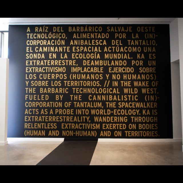 <i>SPACEWALKER GEN-9</i>, 2020-2022<br>
SCrashed_Capital series<br>
Multimedia – electronic circuits, fabric, wire, found objects, and gold spray paint<br>
Installation view at the College of Art and Design, University of North Texas, Denton<br>
Photo © Rachel Kabukula