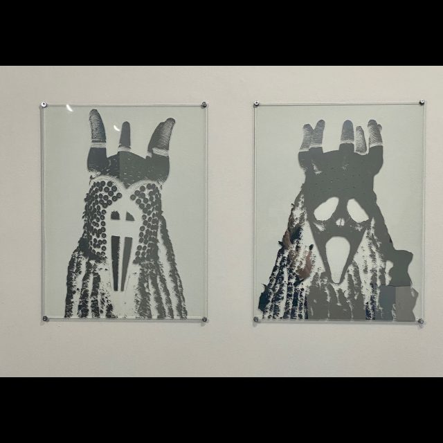 <i>Masks & Spirit<i/>, 2019<br>
5 glass and mirror screenprints<br>
65 cm x 50 cm (each)
