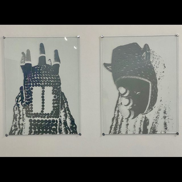 <i>Masks & Spirit<i/>, 2019<br>
5 glass and mirror screenprints<br>
65 cm x 50 cm (each)