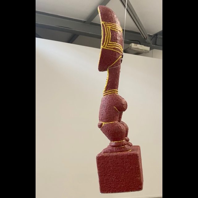 <i>Les Exotiques autochtones<i/>, 2020 (detail)<br>
multimedia Installation<br>
Five beaded wooden sculptures, each with a mirrored wooden plinth and a wooden crate affixed with vinyl pictorial labels(br>
Approx. 20m²