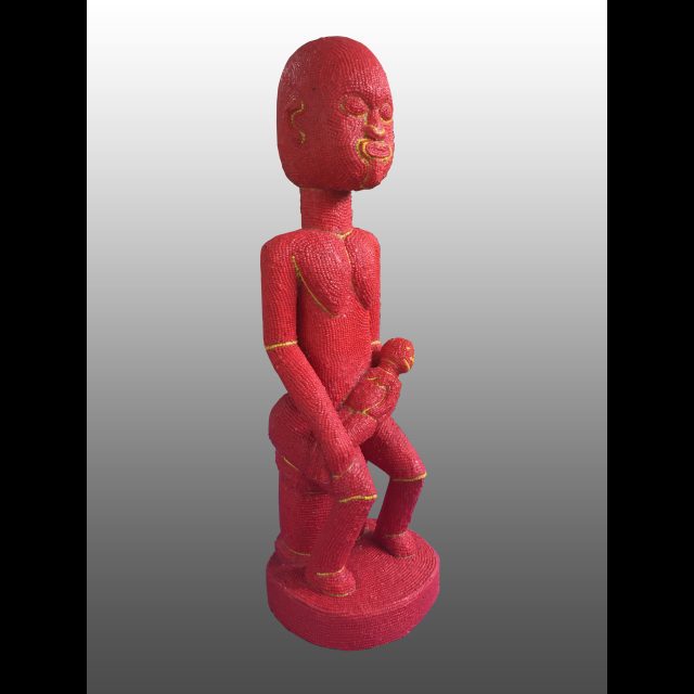 <i>Les Exotiques autochtones<i/>, 2020<br>
multimedia Installation<br>
Five beaded wooden sculptures, each with a mirrored wooden plinth and a wooden crate affixed with vinyl pictorial labels<br>
Approx. 20m²