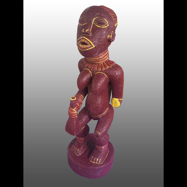 <i>Les Exotiques autochtones<i/>, 2020<br>
multimedia Installation<br>
Five beaded wooden sculptures, each with a mirrored wooden plinth and a wooden crate affixed with vinyl pictorial labels<br>
Approx. 20m²