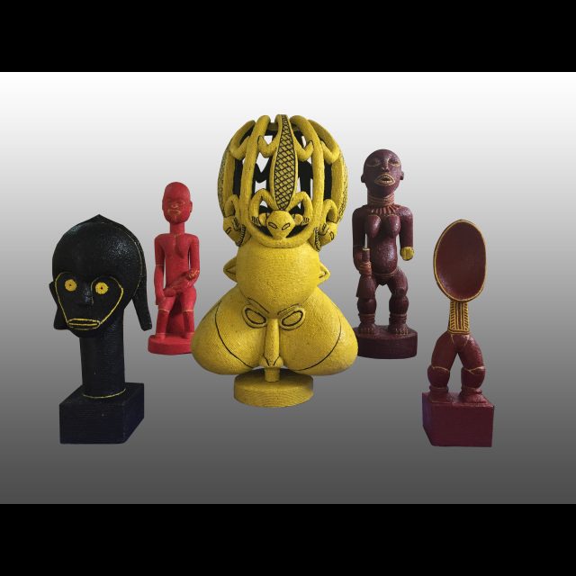 <i>Les Exotiques autochtones<i/>, 2020<br>
multimedia Installation<br>
Five beaded wooden sculptures, each with a mirrored wooden plinth and a wooden crate affixed with vinyl pictorial labels<br>
Approx. 20m²