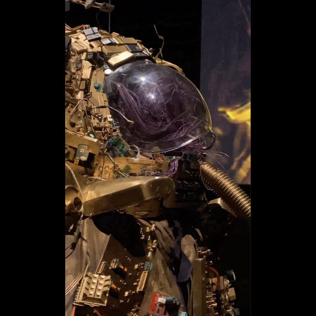 Multimedia – electronic circuits, fabric, wire, found objects, and gold spray paint multimedia installation<br>
Photos: Hans-Georg Merkel / Weltkulturerbe Völklinger Hütte<br>