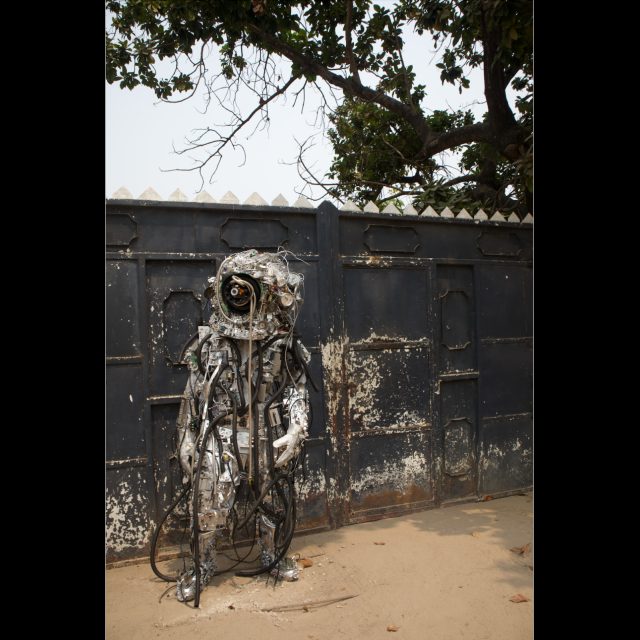 Multimedia – electronic circuits, fabric, wire, found objects, and gold spray paint multimedia installation<br>