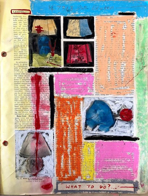 14 734 Dots Between series<br>
mixed media on found book paper<br>
11.5" x 9.5"