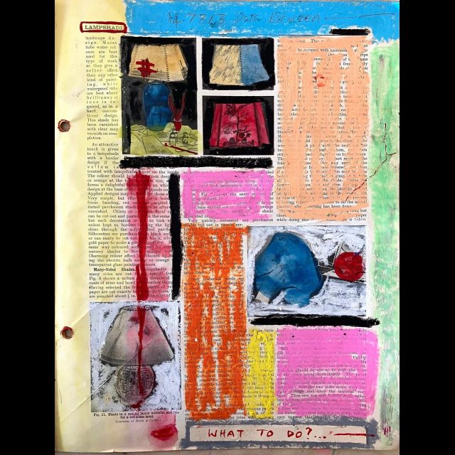 14 734 Dots Between series<br>
mixed media on found book paper<br>
11.5" x 9.5"