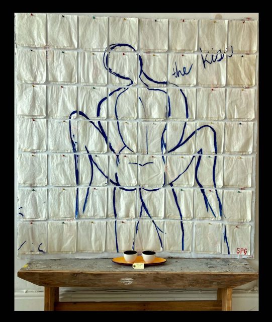 why do moths fly like crazy f*@#ks in the night?<br>
paper takeout packets, mixed media on corrugated cardboard<b>
160 x 160 cm /63" x 63"
South African Gallery IZICO, Cape Town, South Africa