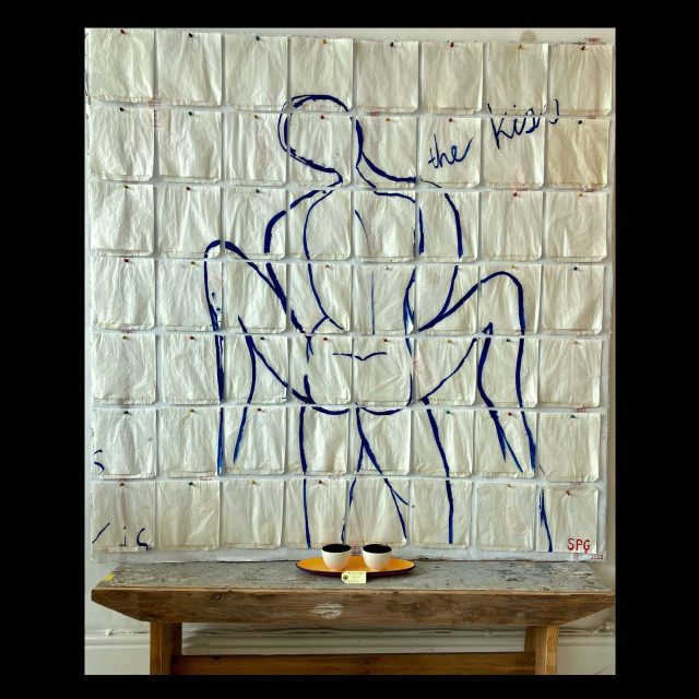why do moths fly like crazy f*@#ks in the night?<br>
paper takeout packets, mixed media on corrugated cardboard<b>
160 x 160 cm /63" x 63"
South African Gallery IZICO, Cape Town, South Africa