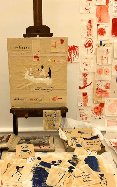 why do moths fly like crazy f*@#ks in the night?<br>
mixed media on corrugated cardboard<b>
64 x 53 cm<br>
South African Gallery IZICO, Cape Town, South Africa