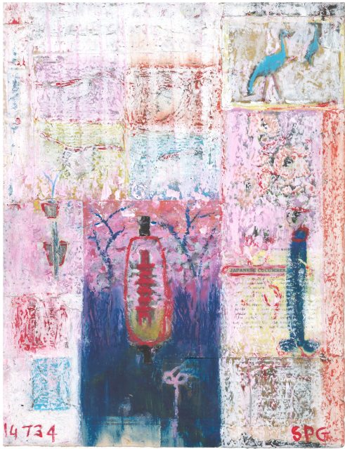 4 734 Dots Between series<br>
mixed media on found book paper<br>
11" x 8.5" | 28 x 21.5cm